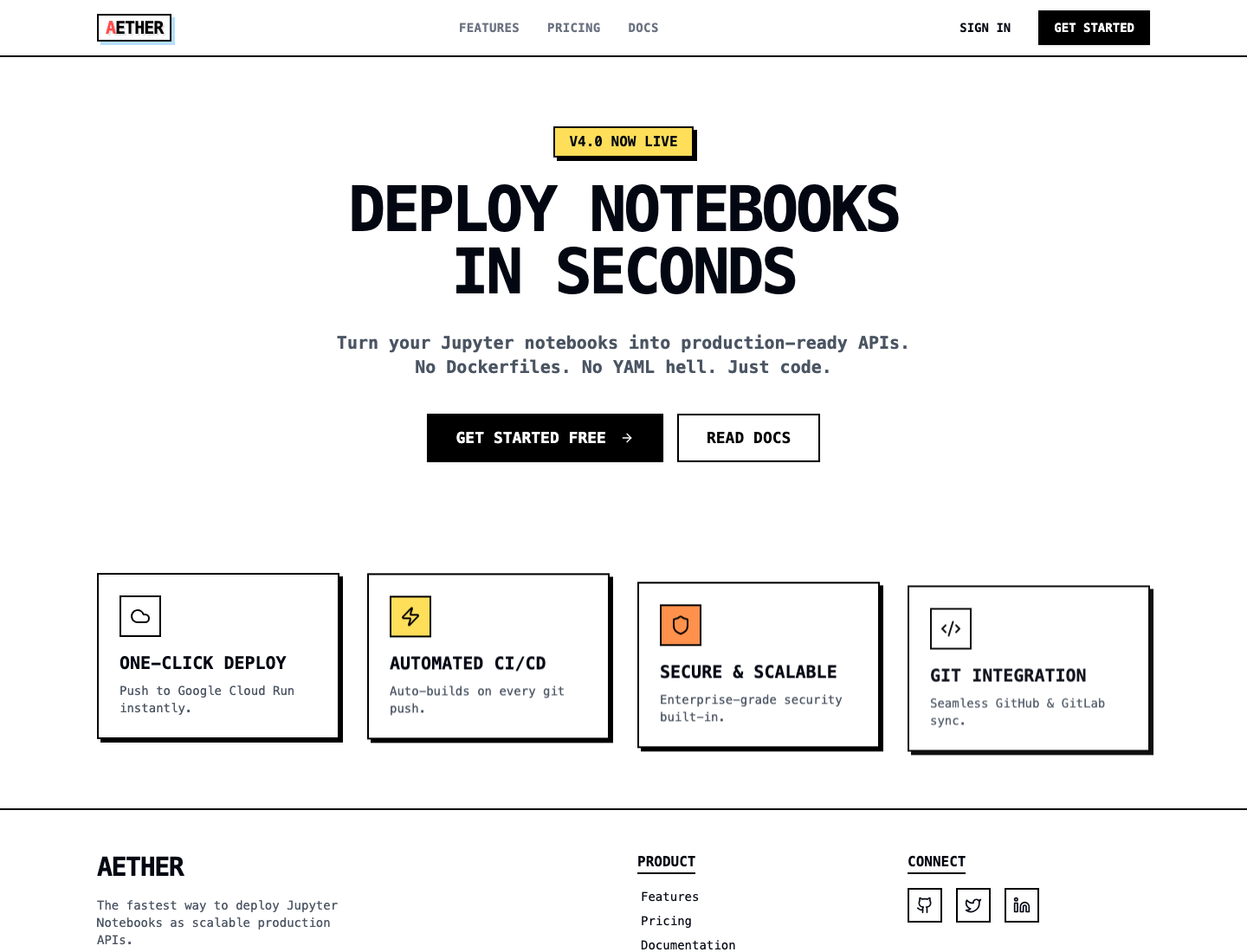 Aether landing page screenshot